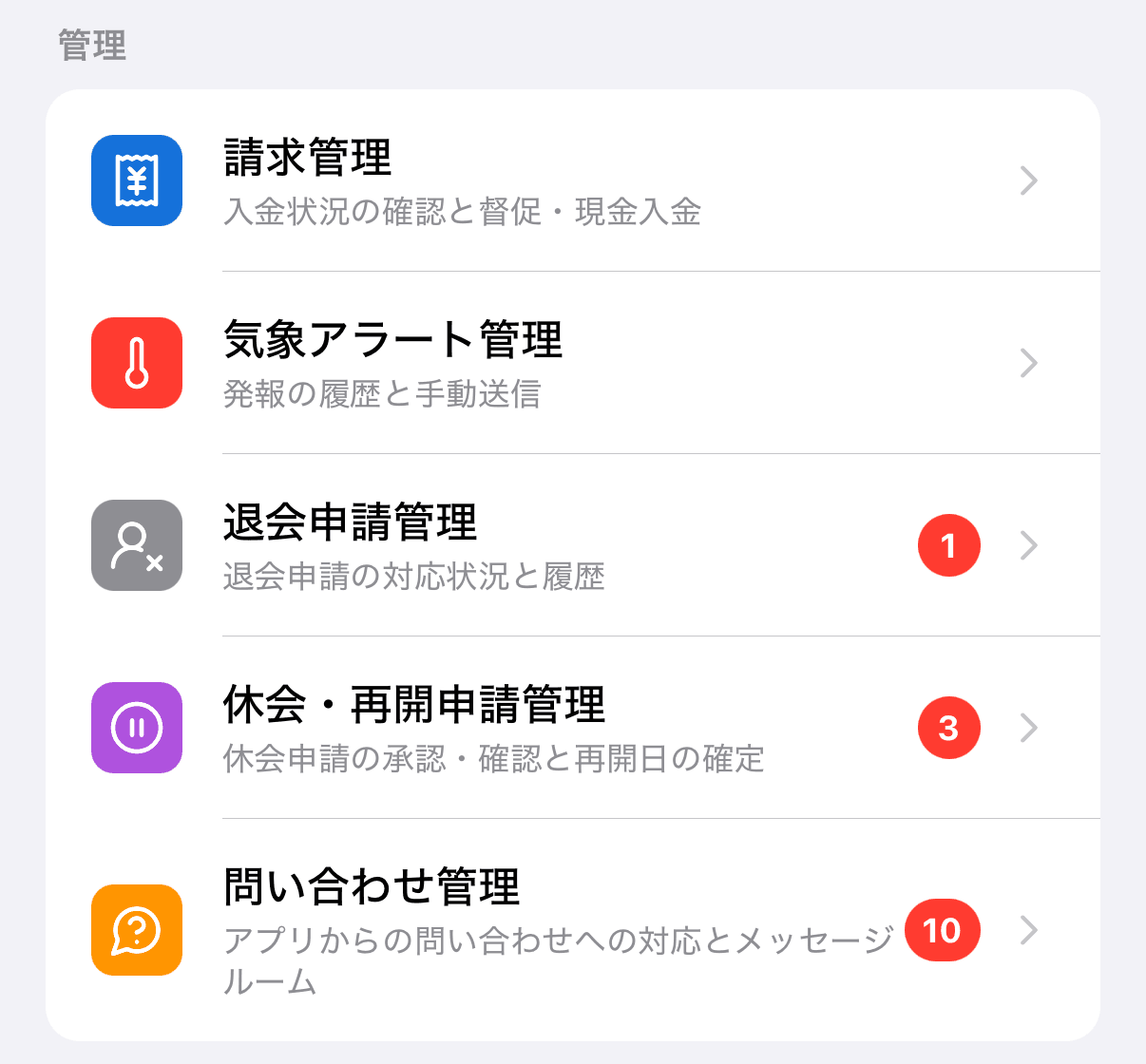 管理・設定の画面の「管理」グループ