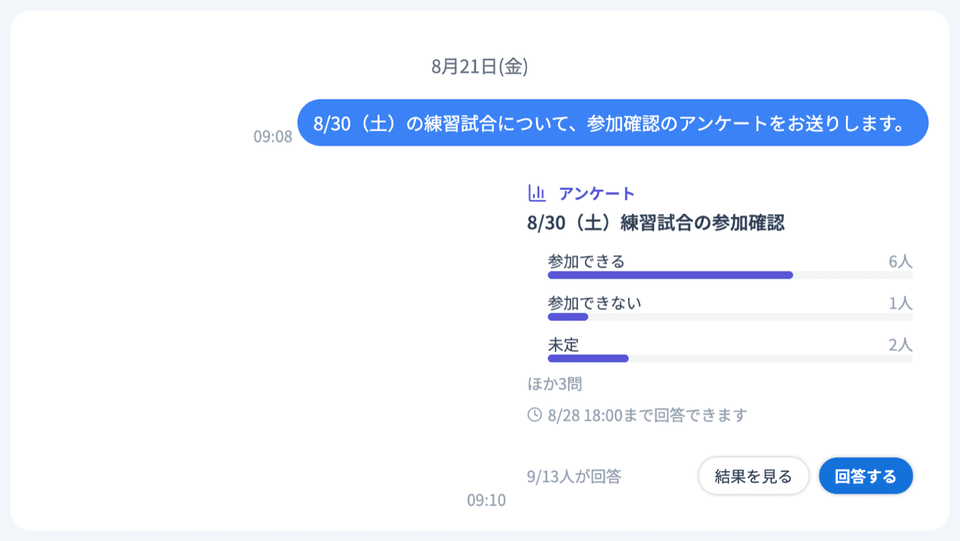 メッセージルームに送信されたアンケートのカード