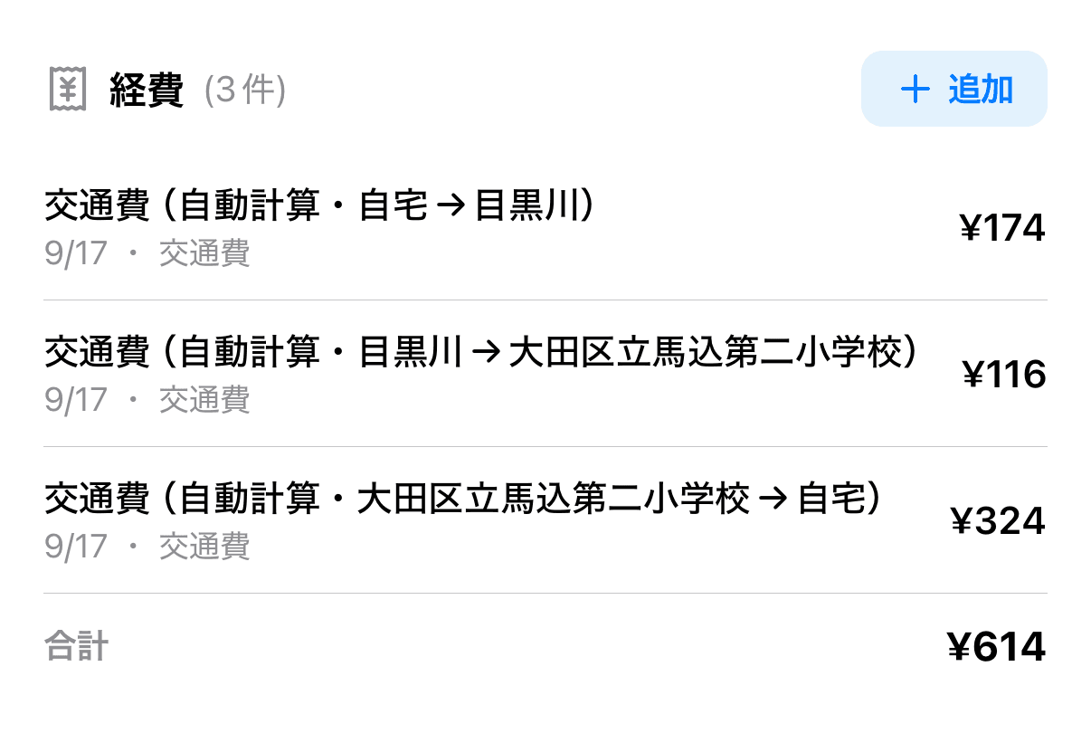 経費セクションに表示された交通費